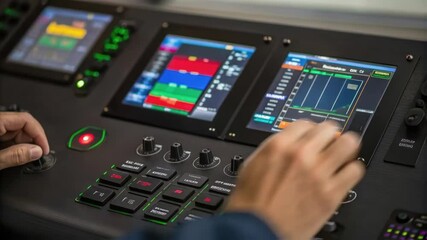 Aufkleber - A medium closeup of an operators hands adjusting settings on a digital control panel featuring vibrant screens displaying realtime data and graphs.