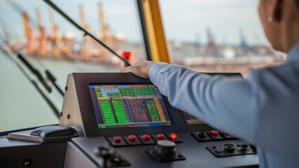 Fototapete - A medium closeup of a port crane operator focused on the control panel with vibrant screens displaying cargo data and crane movements.