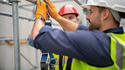Aufkleber - A medium closeup of a scaffold worker demonstrating a safety harness with a colleague observing highlighting techniques for preventing falls during installations.