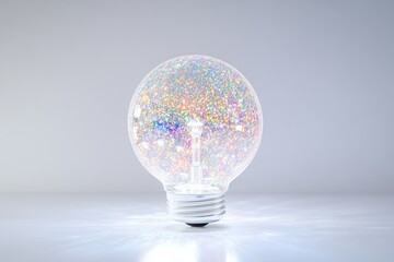 Wall Mural - a iridescent light bulb filled with glitter sparkles, emitting a soft glow against a light grey back