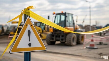 Aufkleber - A medium closeup of a sign warning of construction with yellow tape flapping gently in the breeze construction machinery visible in the background.