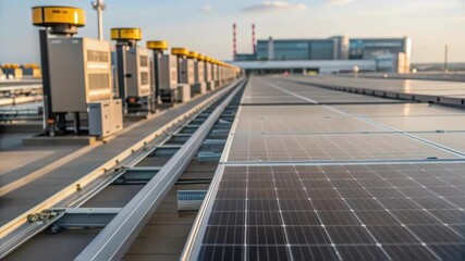 Poster - A medium closeup of a solar panel installation on the roof of the terminal showcasing the integration of sustainable technology in automated construction practices.