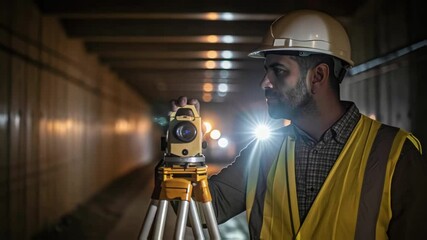 Poster - A medium closeup of a surveyor looking through a theodolite illuminated by a flashlight with the construction area stretching into the soft darkness behind him.