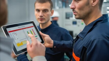 Leinwandbilder - A medium closeup of a team of engineers gathered around a digital tablet analyzing data from a recent fire suppression system test with charts displayed clearly on the screen.