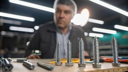 Poster - A medium closeup of a technician inspecting a batch of freshly produced screws under bright fluorescent lights with tools and measuring gauges in the foreground.
