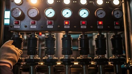 Aufkleber - A medium closeup of a technician in work gloves adjusting the control panel of an industrial pump with gauges and switches illuminated under bright workshop lights.