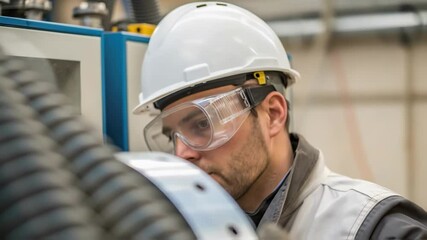 Aufkleber - A medium closeup of a technician wearing a safety helmet and goggles observing the setup of a dust control system with a focused expression.