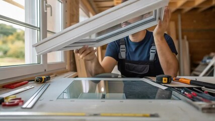 Poster - A medium closeup of a worker examining the installation of a window frame with natural light illuminating the workspace and enhancing focus on craftsmanship.