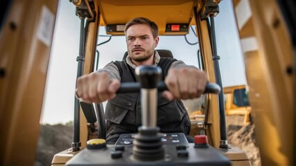 Aufkleber - A medium closeup of a worker expertly operating a hydraulic excavator highlighting the machines intricate controls and the precision needed for digging.