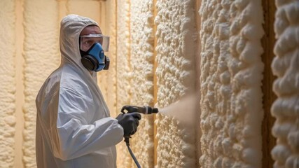 Poster - A medium closeup of a worker in a protective suit applying spray foam inside the corner of a building with foam expanding and furring up against the wall.