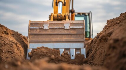 Poster - A medium closeup of heavyduty machinery like a backhoe digging out a base for the tower its powerful structure contrasted against the softness of the earth being moved.