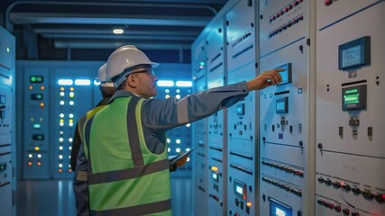 Aufkleber - A medium closeup of engineers inspecting circuit breaker equipment discussing configurations under bright LED lights within the control room of the offshore substation.