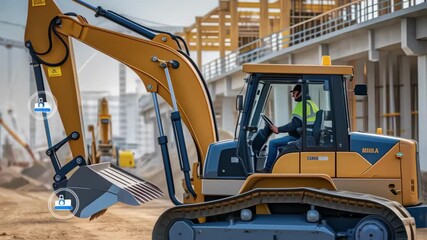 Aufkleber - A medium closeup of heavy machinery with advanced sensors operating seamlessly on a construction site illustrating the integration of automation in largescale projects.