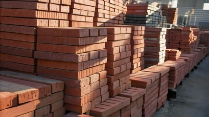 Poster - A medium closeup of newly stacked bricks showing the meticulous arrangement as the sunlight casts shadows highlighting the textures and layers.