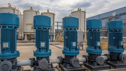 Aufkleber - A medium closeup of the water pump site with multiple pumps arranged in a row illustrating their size and robust construction against a backdrop of industrial scenery.