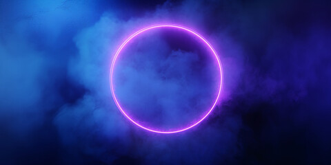 Wall Mural - neon violet ring shrouded in smoke or fog. dark background. glow effect. 3d rendering. modern style.