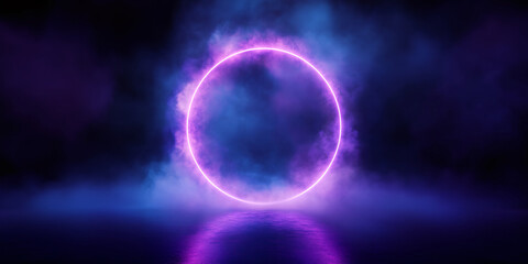 Wall Mural - neon violet ring shrouded in smoke or fog. dark background. glow effect. 3d rendering. modern style.