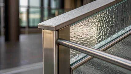 Aufkleber - A medium closeup that reveals the texture of the glass surface contrasting with the smooth polished finish of the steel framework alongside it.