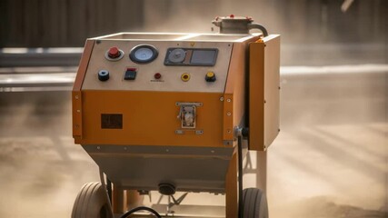 Aufkleber - An angled medium closeup of an industrial sandblasting machine showcasing its sy construction and various controls with a hint of dusty ambiance surrounding it.