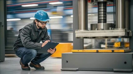 Poster - An industrial engineer crouches beside a large hydraulic press noting measurements on a clipboard while a blurred assembly line looms in the background.