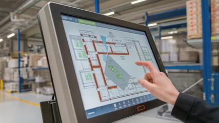 Aufkleber - Closeup of a 3D mapping system projecting the layout of a warehouse onto a screen highlighting the paths for optimal retrieval.