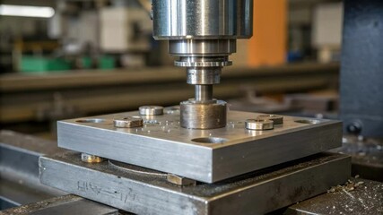 Poster - Closeup of a hydraulic press applying pressure to a metal blank revealing the metallic textures and the slow transformation into a fastener shape.