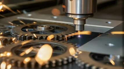 Fototapete - Closeup of a mechanism being tested with gears interlocking and small sparks of light reflecting from polished metal.