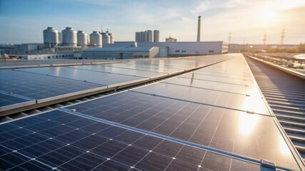 Aufkleber - Closeup of a solar panel array situated on the roof of a large factory building glistening under the midday sun and reflecting the surrounding industrial landscape.