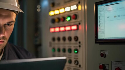 Aufkleber - Closeup of a technicians face illuminated by the bright lights of the pumps control panel concentrating deeply as they conduct a routine inspection of the equipment.