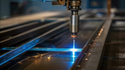 Aufkleber - Closeup of a welding torch ignited with a bright blue flame reflecting in the nearby machinery symbolizing the energy and focus of the assembly process.