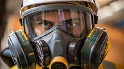 Poster - Closeup of a workers face partially obscured by a safety mask reflecting determination as they prepare to service the air scrubbers internal components.