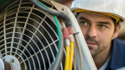 Poster - Closeup of a workers face in concentration as the person attaches electrical connections to a ventilation fan reflecting dedication and expertise.