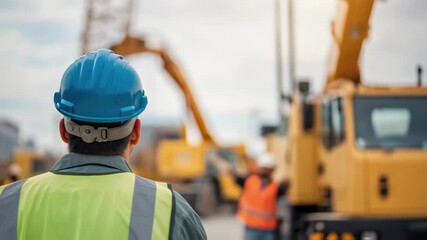 Aufkleber - Closeup of a worker signaling the mobile crane operator captured midaction emphasizing communication and teamwork on the construction site.