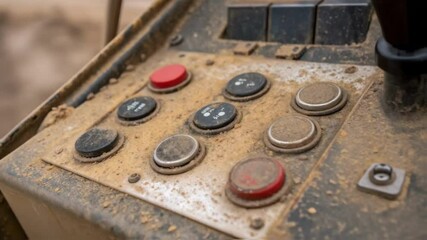 Poster - Closeup of control buttons on a drilling console covered with mineral deposits illustrating the environmental impact and the importance of regular cleaning.
