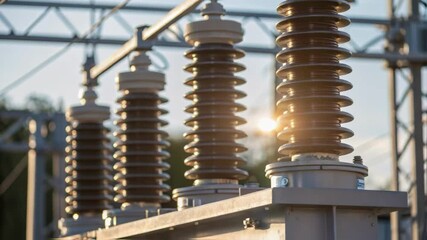 Poster - Closeup of highvoltage insulators mounted on metallic structures with sunlight glinting off their surfaces illustrating the importance of safe energy transmission.