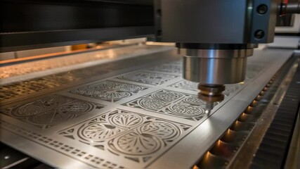 Aufkleber - Closeup of intricate ting work on a CNC machine with patterns carved into a metal sheet showcasing advanced technology used in modern kitchen fabrication.