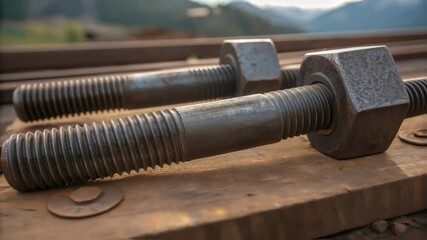 Aufkleber - Closeup of large bolts and plates laid out on a wooden platform the rugged surface underneath showcasing wear from the mountain elements emphasizing the demands of highaltitude
