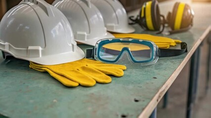 Poster - Closeup of safety equipment including helmets goggles and gloves neatly arranged on a table indicating the emphasis on safety for workers on the construction site.