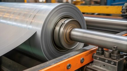 Poster - Closeup of the edge of a steel coil being fed into a processing machine showing details of the machinerys rollers and guide mechanisms.