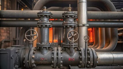 Poster - Closeup of thick reinforced pipes and valves connected to the furnace highlighting the complexity and scale of the industrial setup.
