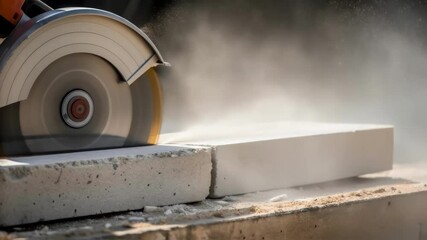 Poster - Dust and Materials in Action A closeup capturing a cloud of dust as a concrete saw s through a precast piece emphasizing the dynamic and sometimes messy nature of construction