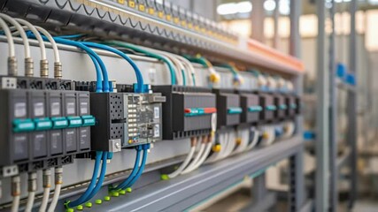 Aufkleber - Focused view of programmable logic controllers PLCs wired and interconnected illustrating the complex electronic heartbeat of modern manufacturing.