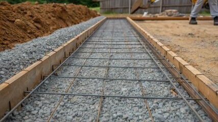 Poster - Foundation Preparation Closeup of a freshly excavated area being prepared with gravel and rebar illustrating the groundwork necessary for the precast structures foundation.