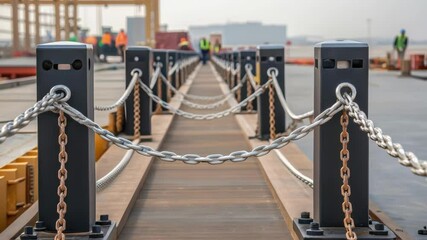 Aufkleber - Medium closeup of a completed dock section secured in place with ropes and chains prominently displayed highlighting the finished work amidst ongoing assembly.
