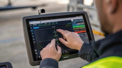 Fototapete - Medium closeup of a drones view screen showing realtime data analysis as a technician assesses blade integrity from a height emphasizing technology in maintenance.