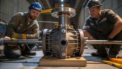 Poster - Medium closeup of a massive pump being installed on a concrete slab with technicians using wrenches and tools their faces stained with sweat under the bright construction lights.