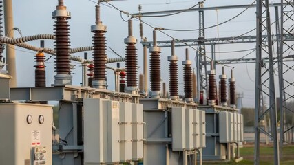Poster - Medium closeup of an electrical substation showcasing the detailed arrangement of transformers and power lines conveying the complexity of energy distribution in the industrial