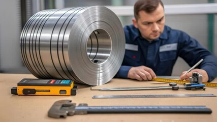 Poster - Medium closeup of an employee inspecting a steel coil with the technicians tools and measuring devices laid out emphasizing quality control measures.