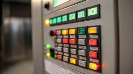 Aufkleber - Medium closeup of a technician adjusting the settings on a control panel with buttons illuminated in different colors indicating operational status.