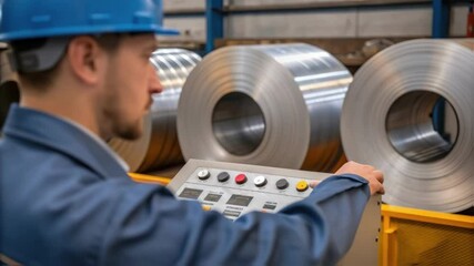 Aufkleber - Medium closeup of a worker operating a machinery control panel with several steel coils visible in the background highlighting the precision of the manufacturing process.